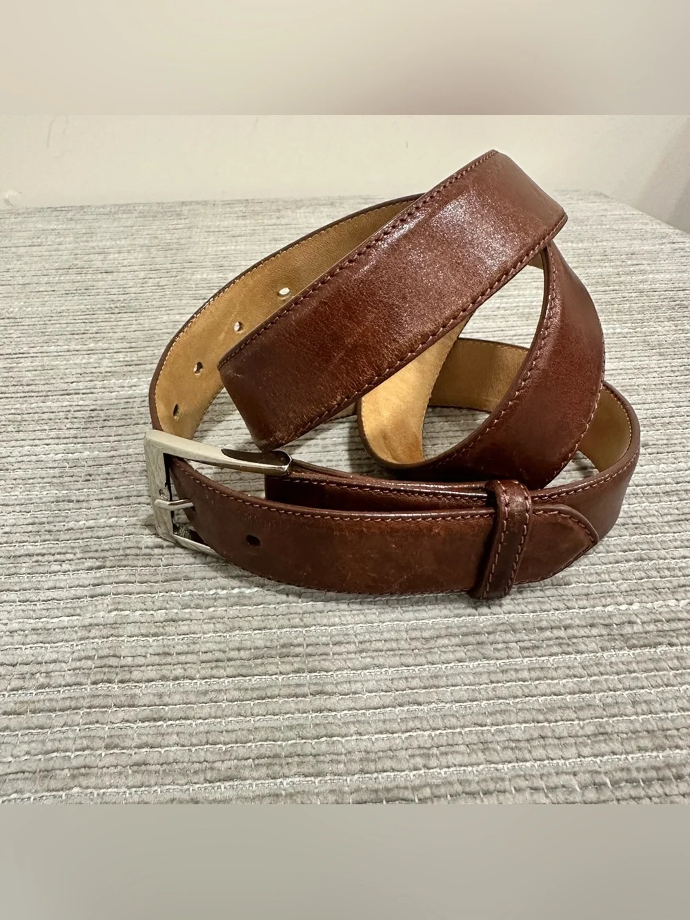 W. Kleinberg Men's‎ Brown Glazed Calfskin Leather Dress Belt Silver Buckle 40